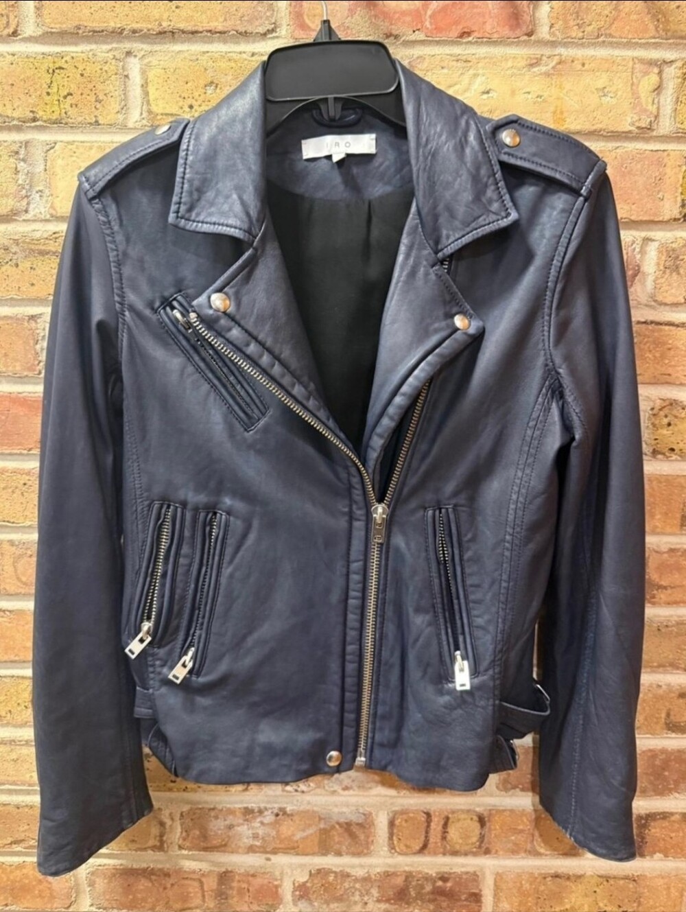IRO Navy Blue Leather Moto Jacket with Silver Hardware Xs